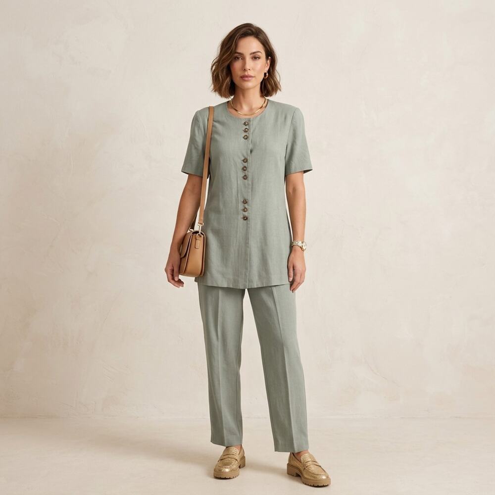 R&M Richards 2 Piece Pant Set Sage Green Button Front Top Casual Chic 8P Soft - Picture 4 of 10
